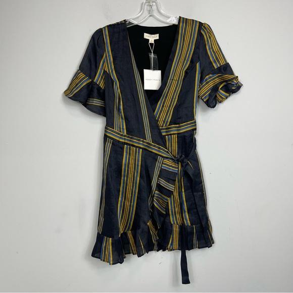 Honey Punch Linen Black Striped Ruffled Mini Wrap Dress Puff Sleeve NWT Boho S - Picture 6 of 16
